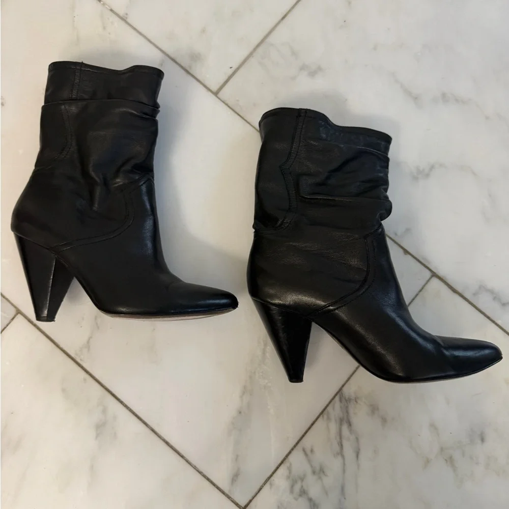 Joie womens 6-6.5 euro 36.5 black soft leather cone heel almond toe midcalf boot - Picture 2 of 9
